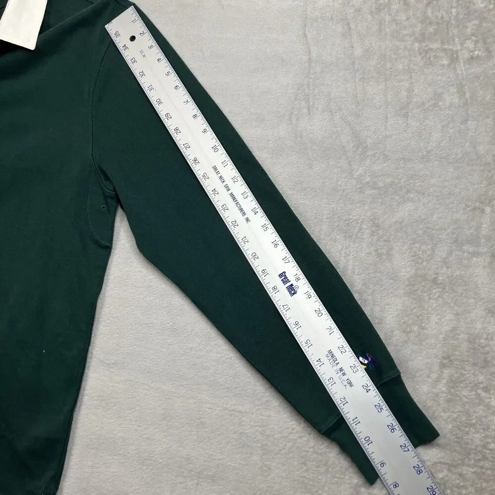 J Crew Rugby Polo Shirt Mens XL Green Long Sleeve Cotton Elbow Patch Preppy